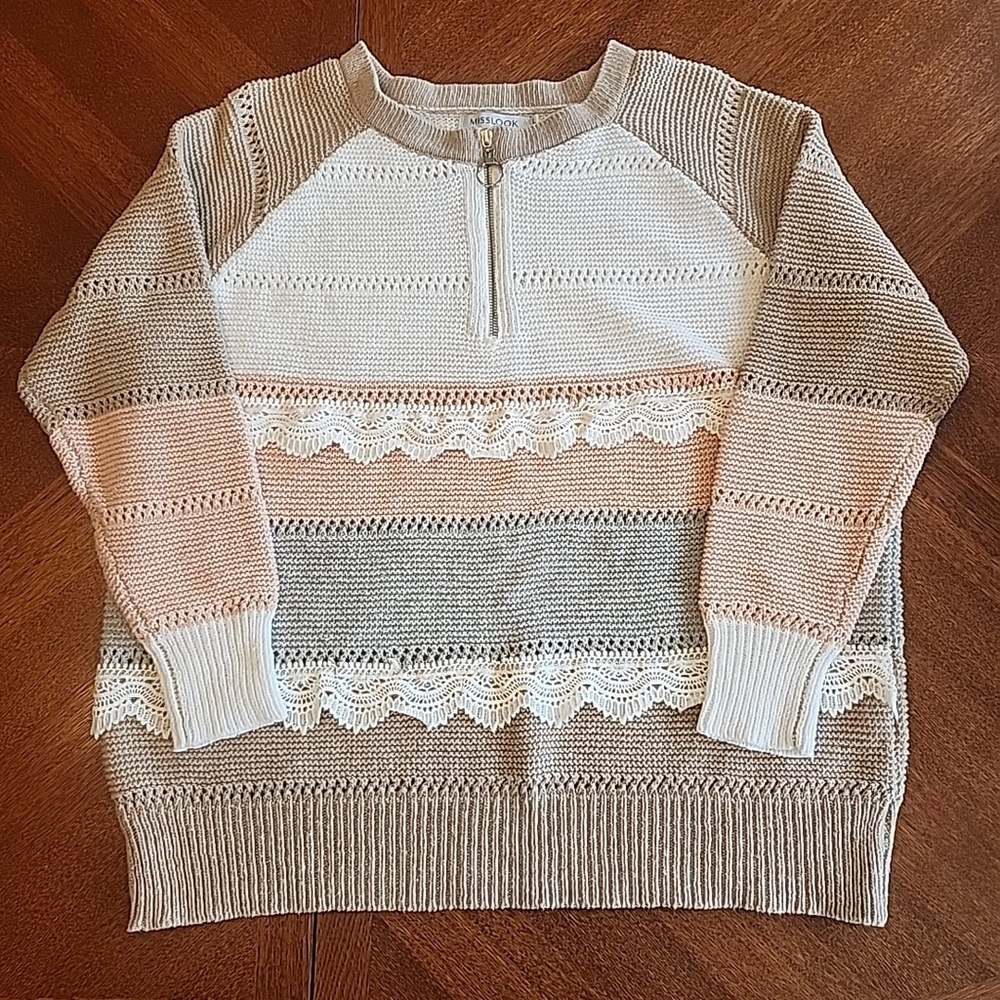 Misslook Boho Women's Large Sweater Lace Details Colorblock B2